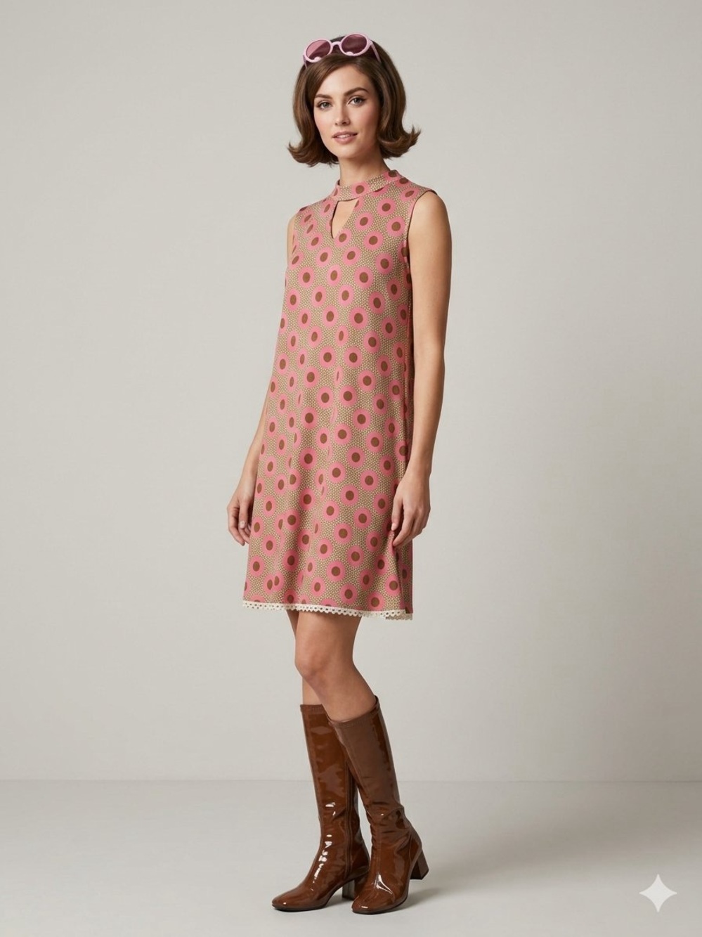Honeyme Boho Pink Polka Dot Shift Dress with Tan Base